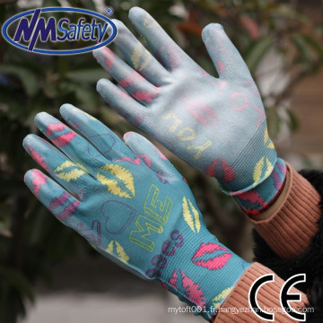 NMSAFETY en388 fleurs de jardin polyester / nylon paume enduit pu sécurité auto gants de chauffage